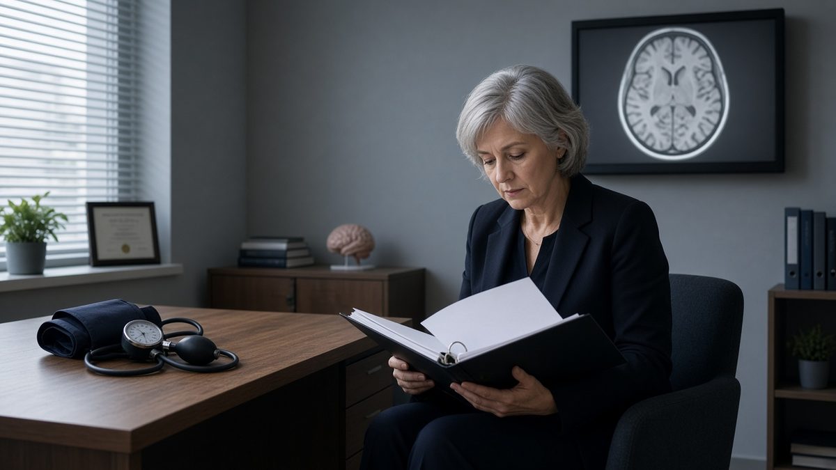 A female psychiatrist with gray hair reviews a blank chart binder beside a soft brain-scan lightbox.
