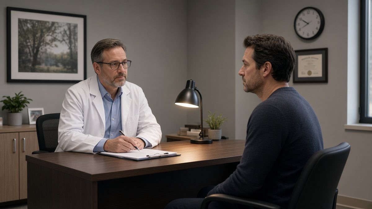 A male clinician in a white coat conducts a face-to-face evaluation with a patient in an office.