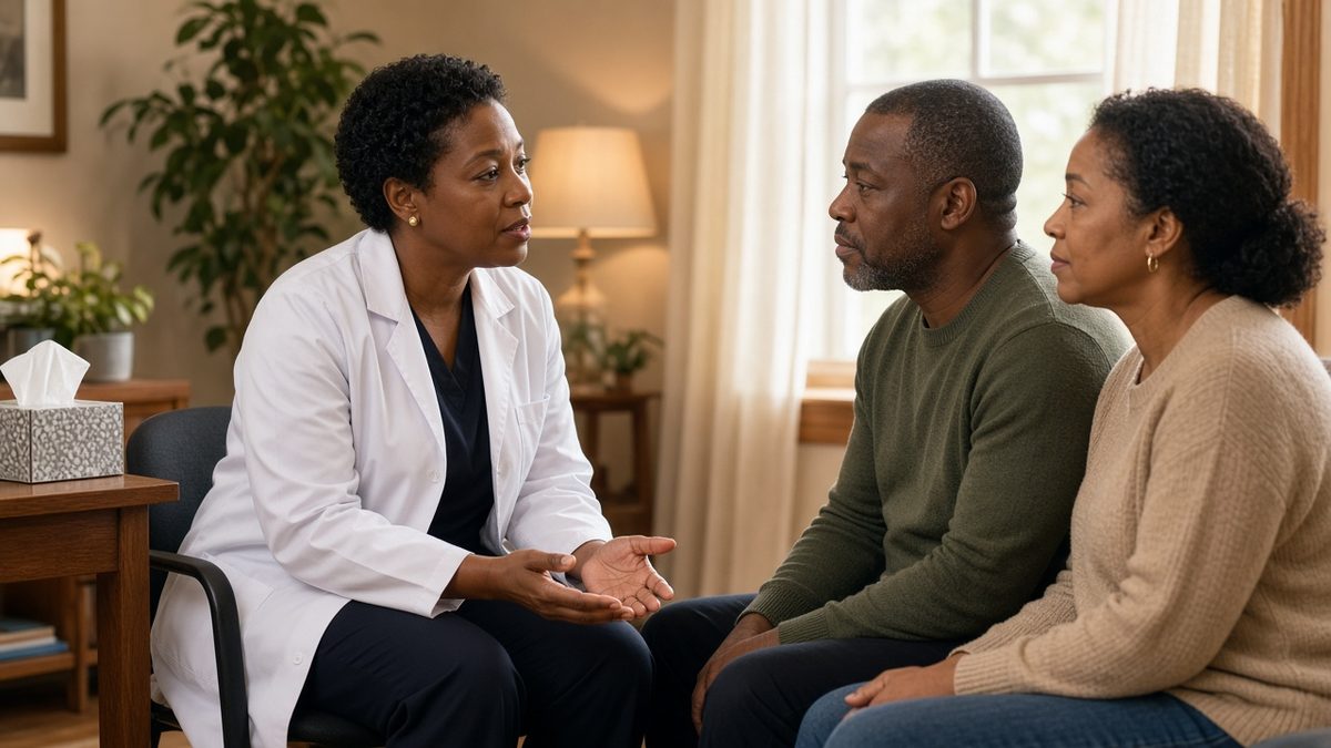 A Black female physician sits forward speaking earnestly with two adult family members in a consult room.