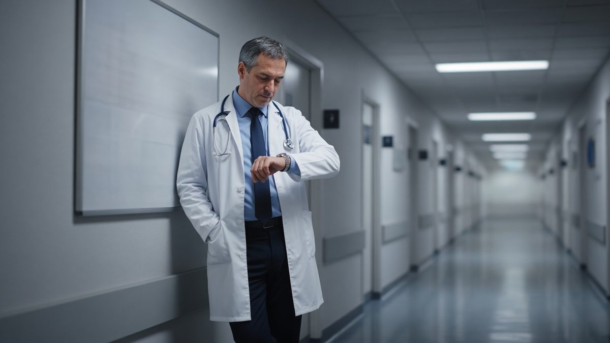 A male physician checks his wristwatch while leaning near a blank treatment board in a long hallway.