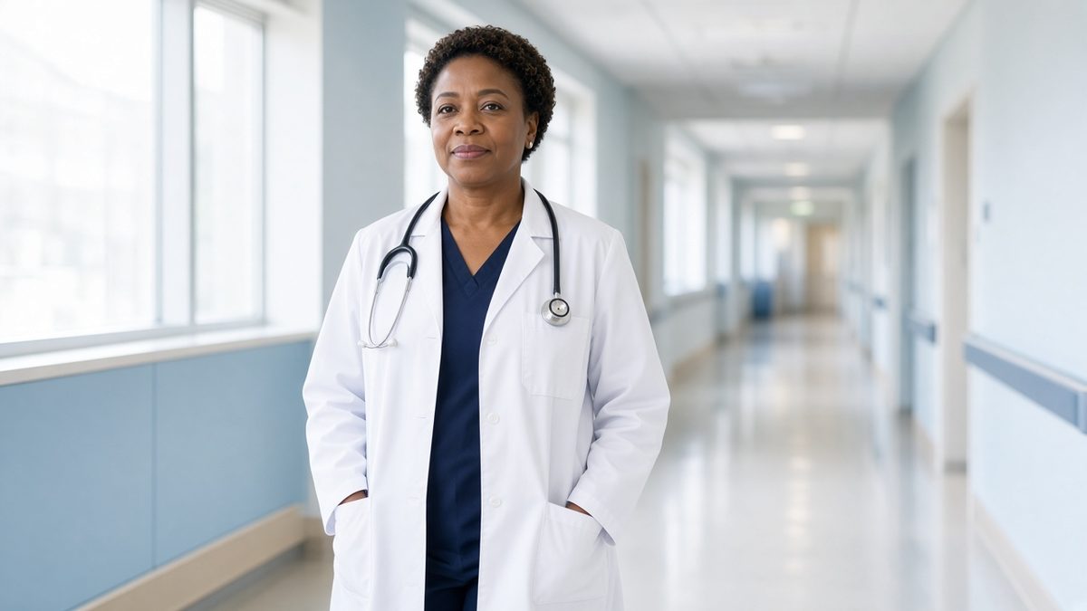 A Black female physician walks toward the camera down a bright clinic corridor with a stethoscope around her neck.
