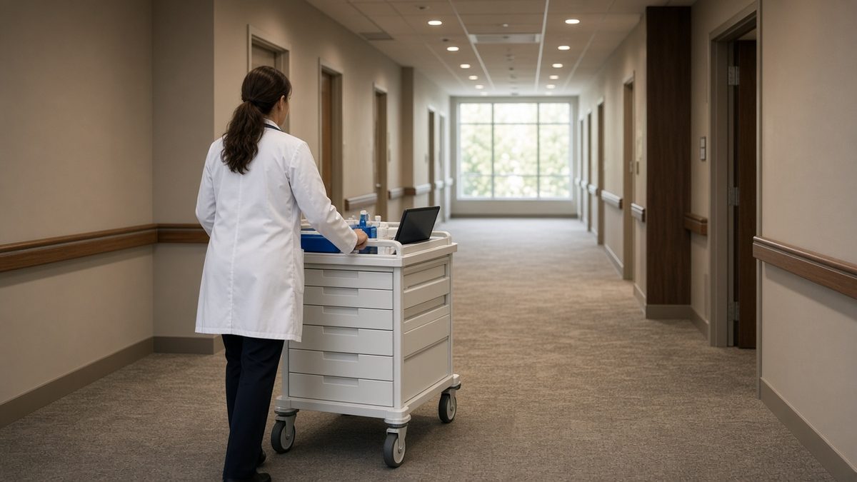 A female doctor pushes a rolling medication cart down a wide residential treatment hallway.