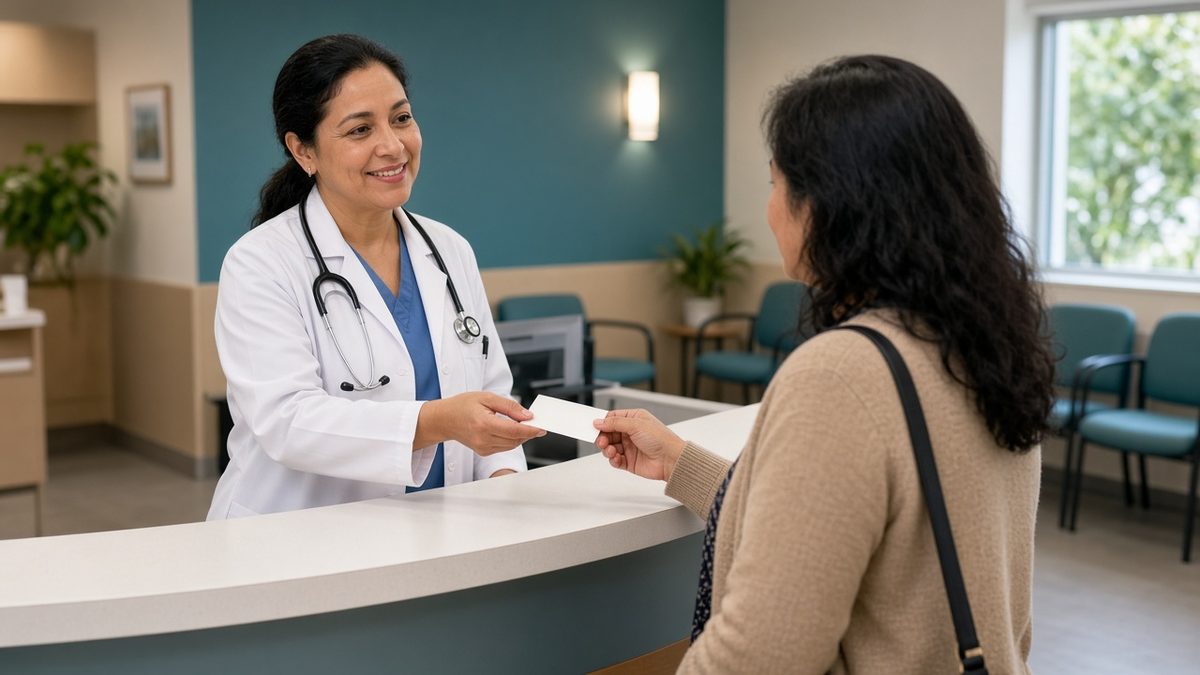A Hispanic female clinician behind a curved reception counter hands a blank card to a visitor.