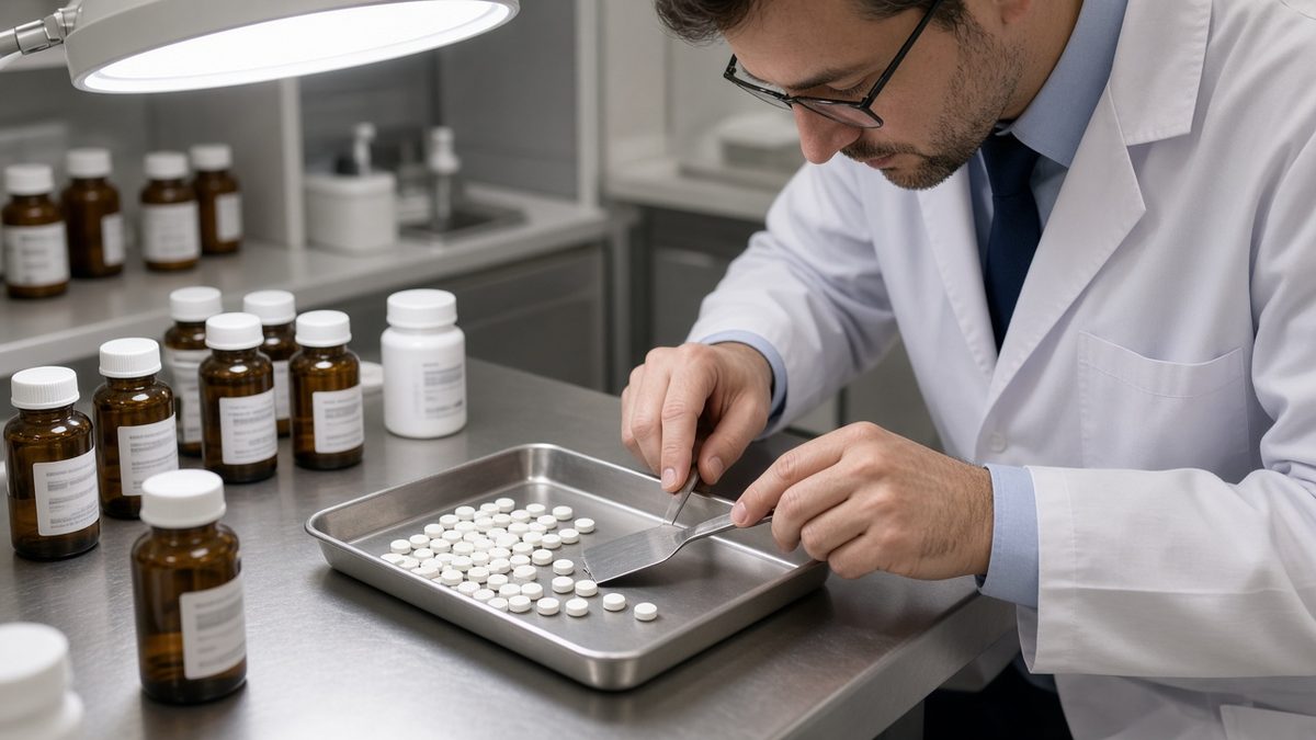 A male pharmacist-physician counts white tablets onto a tray beside amber vials on a stainless counter.