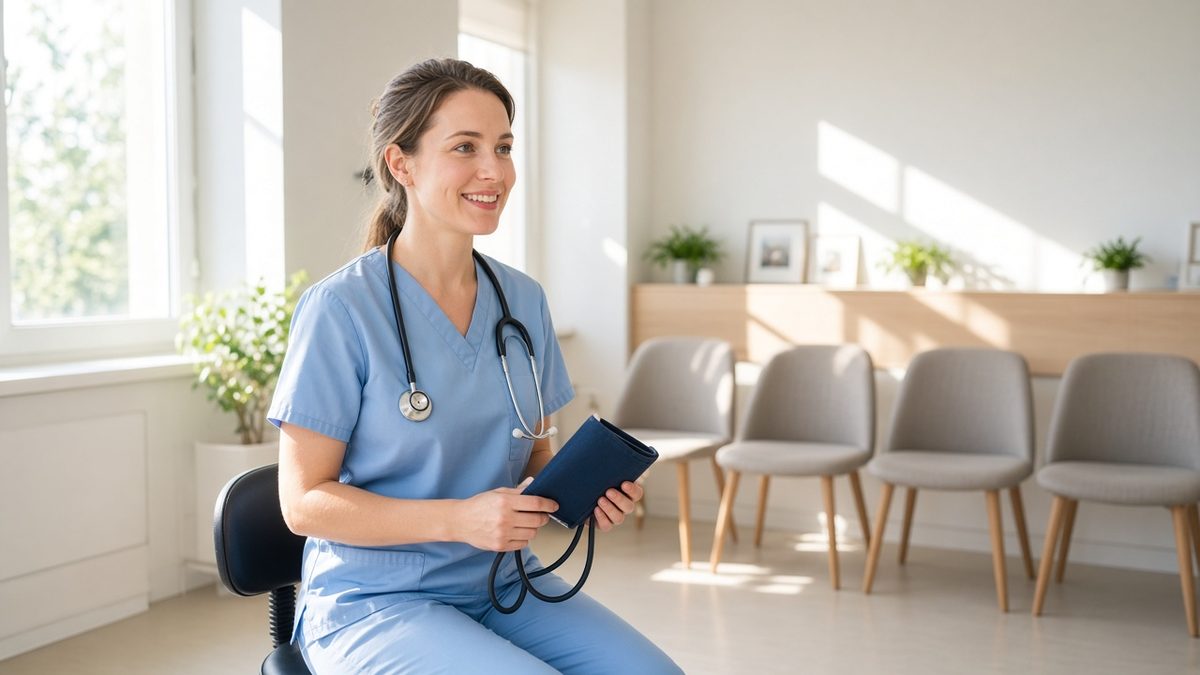 A young female physician on a rolling stool holds a blood-pressure cuff in a sunlit outpatient room.