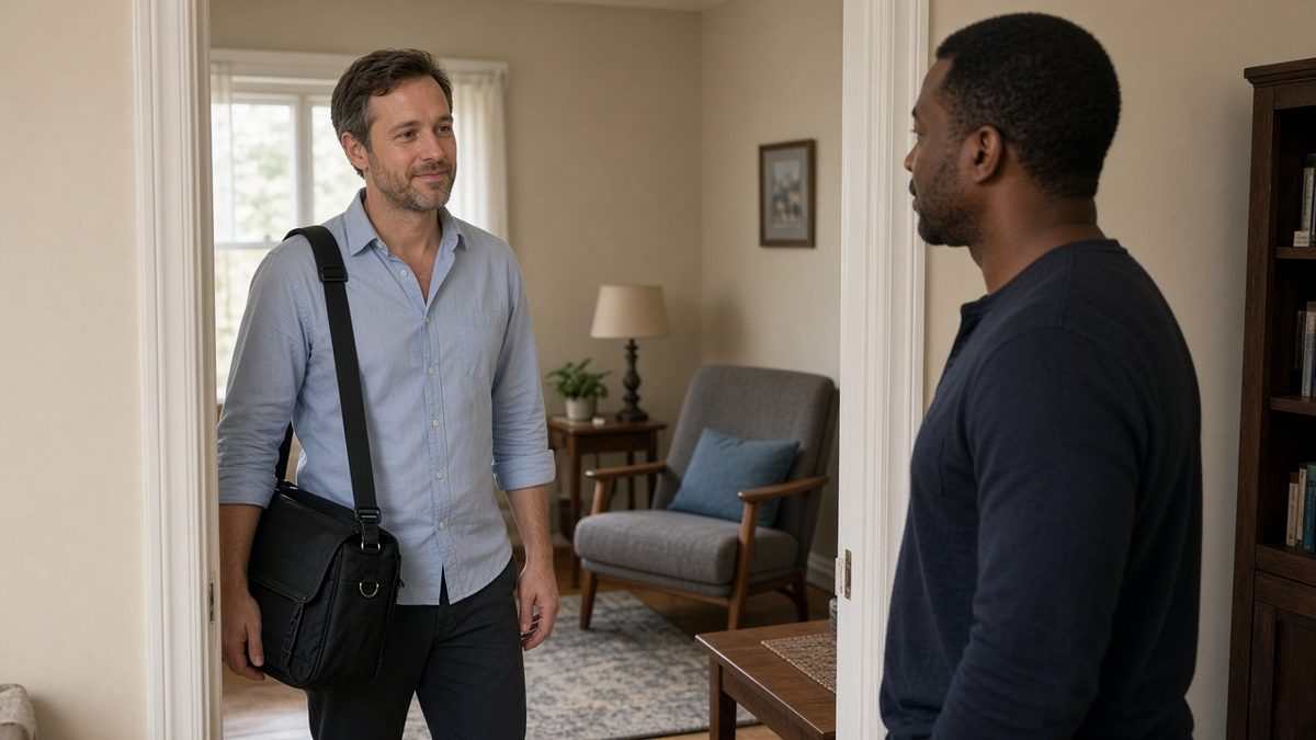 A male clinician with a messenger bag stands in a sober-living doorway speaking with a house manager.