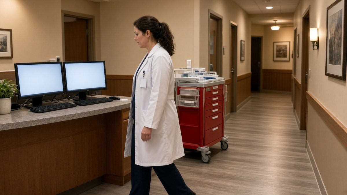 A female doctor in a white coat walks past a nurses station with glowing blank monitors.
