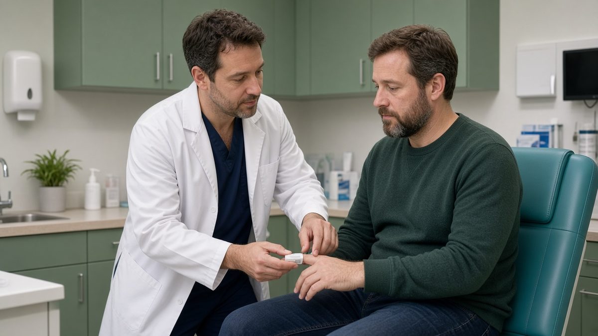A male doctor demonstrates a pulse-ox clip on a seated patient finger in a tidy intake bay.